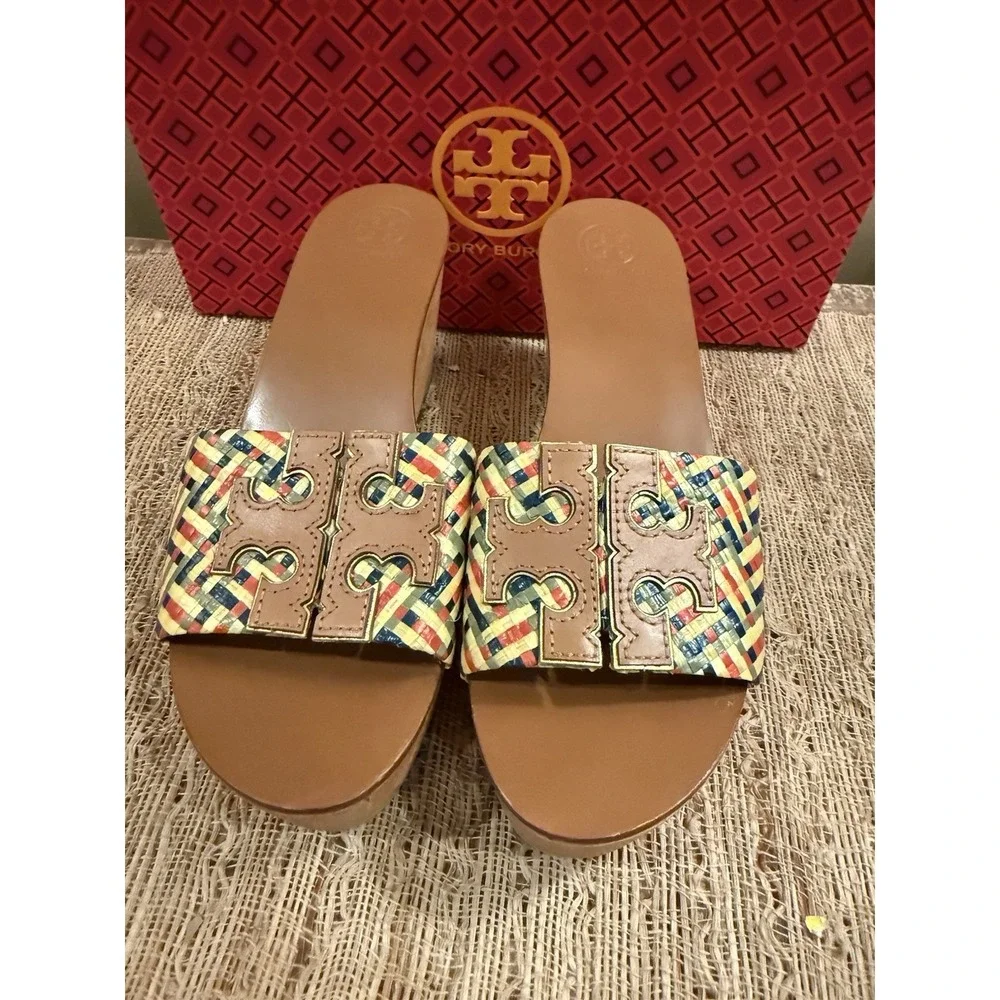 Tory Burch Ines Woven Multicolor Raffia Wedge Platform‎ Slide Sandals Sz-8